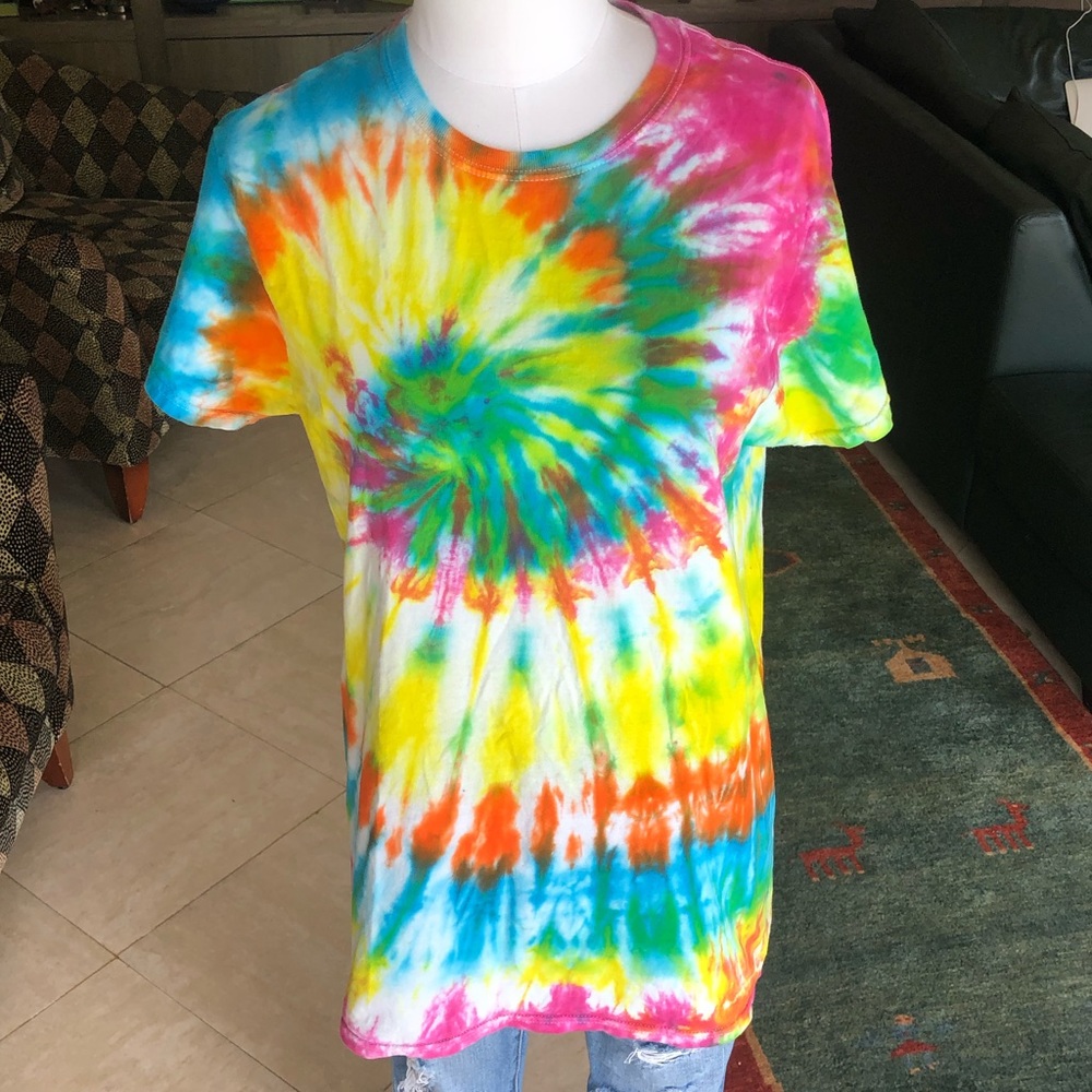 Homemade bright colored tie-dye T-shirt